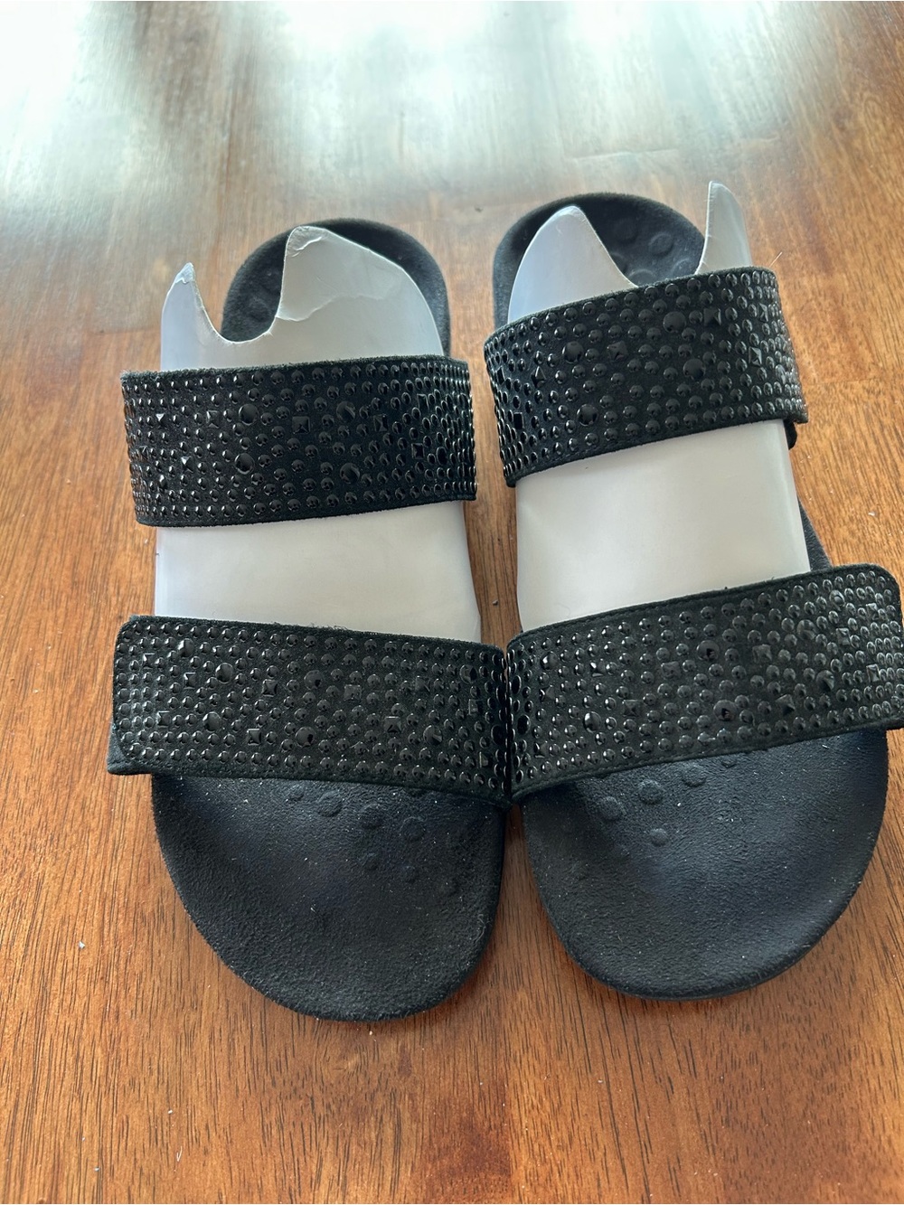 Vionic Black Double-Strap Rhinestone Slide Sandals